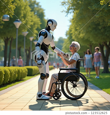 A compassionate robot actively engages with an elderly person in a wheelchair, highlighting future caregiving AI-generated item 123512625