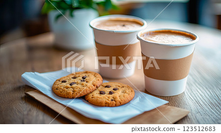 Coffee break at table with paper cups and cookies 123512683