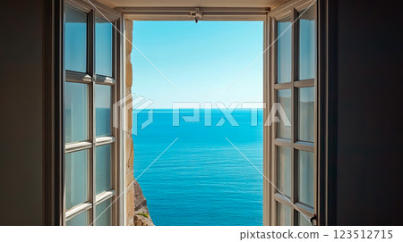 Beautiful sea view from the open window 123512715