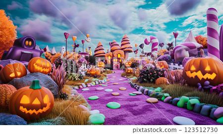 Fairytale Halloween garden with pumpkins and a castle with candies 123512730