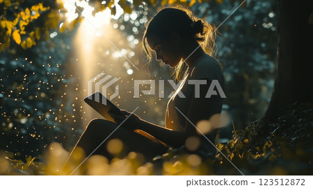 Woman Reading Tablet in Magical Forest Light 123512872