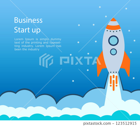 Blue rocket takes off into stars space . business startup text rocketdock, 123512915
