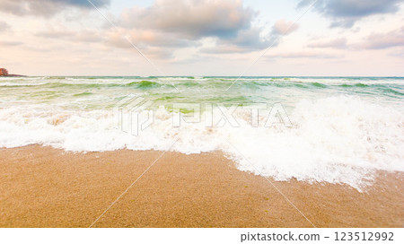 wave washing the sandy beach. velvet season. cloudy weather. scenery at the black sea in evening light. natural environment wave washing the sandy beach. velvet season. cloudy weather. scenery at the black sea in evening light. natural environment 123512992