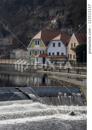 Barrage of river Vltava, Cesky Krumlov, Czechia 123513137