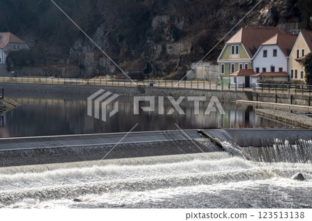 Barrage of river Vltava, Cesky Krumlov, Czechia 123513138