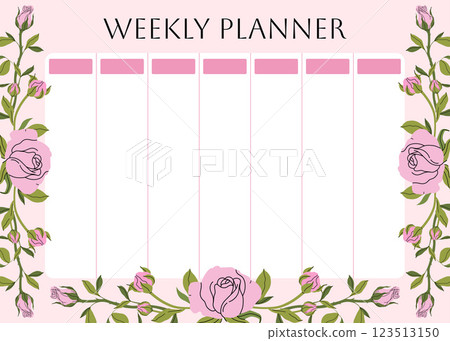 Cute school planner is for 7 days. Weekly planner with trendy floral pattern. garden pink roses, spring flowers and leaves background for notes. Kids schedule design template. Vector flat illustration Cute school planner is for 7 days. Weekly planner with trendy floral pattern. garden pink roses, spring flowers and leaves background for notes. Kids schedule design template. Vector flat illustration 123513150