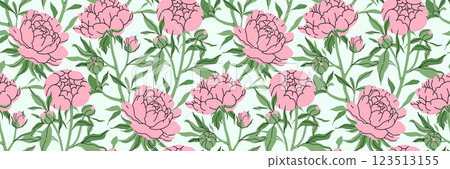Beautiful flowers seamless pattern. Delicate pink peony with stem and leaves background. Botanical spring pattern. Suitable for wallpaper, textiles, wrapping paper, postcards. Vector illustration. 123513155