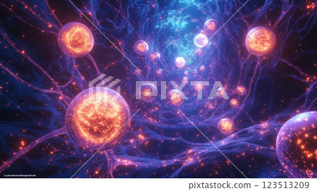 Glowing spheres traveling through an energy field: a cosmic journey 123513209