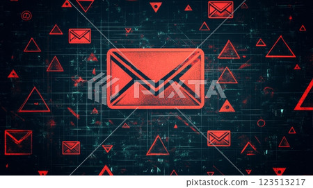 Email security alert with flashing warning signs on digital display 123513217