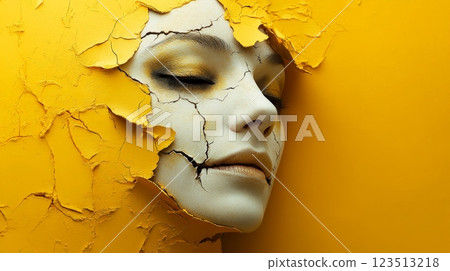 Woman with cracked face paint emerging from yellow wall 123513218