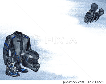 Banner motorcycle crash helmet, gloves, boots and jacket. Moto clothing, moto gear. Watercolor illustration isolated from background with blue spot. For moto stores, frames, borders, business card Banner motorcycle crash helmet, gloves, boots and jacket. Moto clothing, moto gear. Watercolor illustration isolated from background with blue spot. For moto stores, frames, borders, business card 123513228