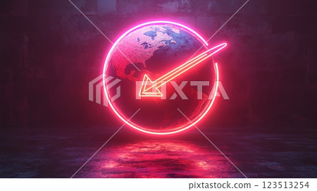 Neon arrow pointing down at planet earth in glowing circle 123513254