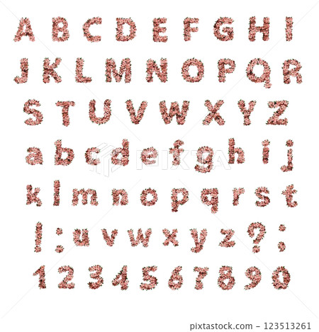 A set of English alphabet letters from A to Z and numbers from 0 to 9, the font is made of flowers. 123513261