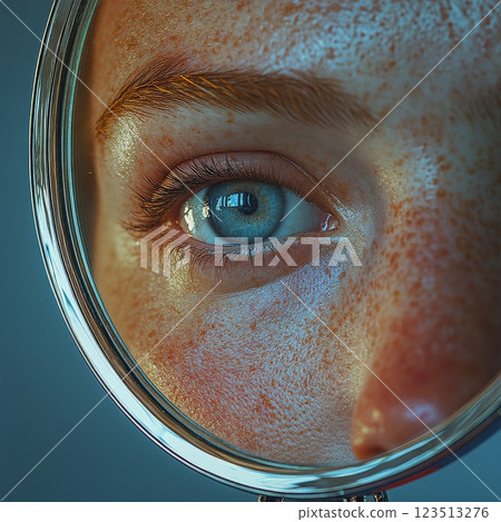 Woman examining skin with freckles in magnifying mirror reflecting blue eye 123513276