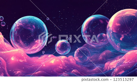 Soap bubbles floating in a dreamlike pink and purple galaxy 123513297