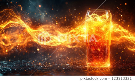 Fiery beer glass with sparkling energy trails on dark background Fiery beer glass with sparkling energy trails on dark background 123513321