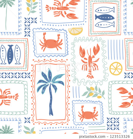 Tropical lobster pattern, summer Italy vacation mood. Retro palm trees, sardines print. Cute vector Mediterranean wallpaper Tropical lobster pattern, summer Italy vacation mood. Retro palm trees, sardines print. Cute vector Mediterranean wallpaper 123513326