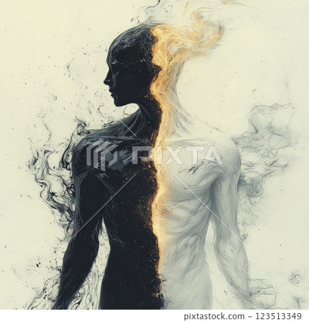 Human divided in two by golden energy, showing duality concept 123513349