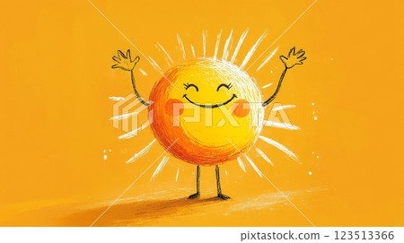 Happy sun is waving with its arms raised on orange background Happy sun is waving with its arms raised on orange background 123513366