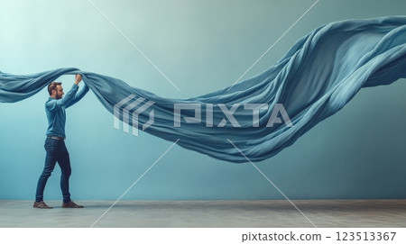 Casual man holding flowing blue cloth in studio 123513367