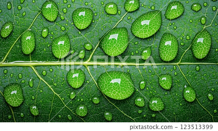 Close-up of green leaf with water droplets 123513399