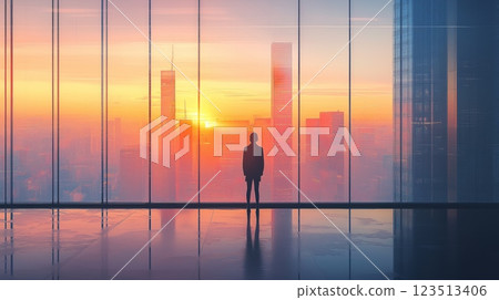 Silhouette of person overlooking city sunset 123513406