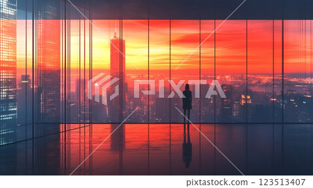 Silhouette viewing vibrant city skyline at sunset 123513407