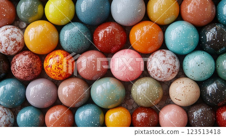 Speckled multicolored marbles in neat rows 123513418
