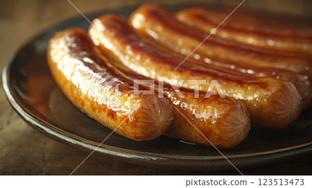 Delicious glazed sausages resting on dark plate, ready to eat 123513473