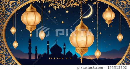 Ramadan Night Background with Golden Lanterns... - Stock Illustration ...