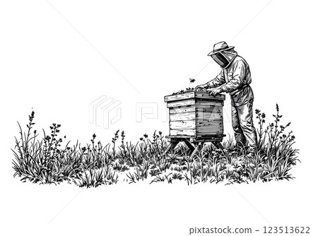 Beekeeper harvesting honey with bees around, vintage engraving Beekeeper harvesting honey with bees around, vintage engraving 123513622