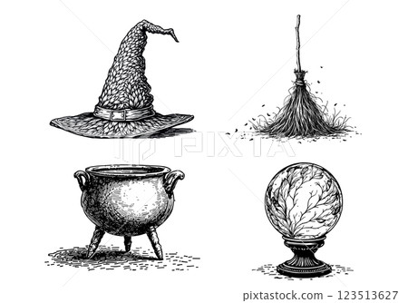Vintage witchcraft set with hat, broom, cauldron, and crystal ball, engraving illustration. 123513627