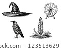 Vintage set with hat, wheel, raven, and feather, engraved illustration 123513629