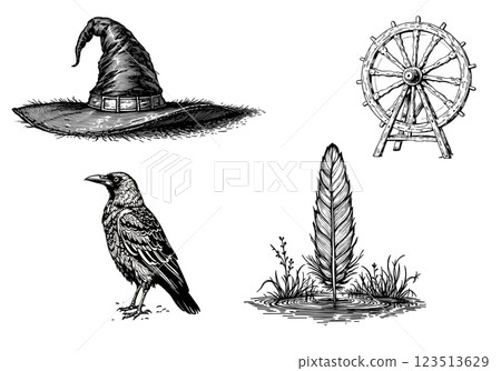 Vintage set with hat, wheel, raven, and feather, engraved illustration Vintage set with hat, wheel, raven, and feather, engraved illustration 123513629
