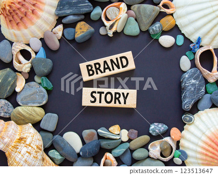 Brand story symbol. Concept words Brand story on beautiful wooden blocks. Beautiful black background. Beautiful sea stones shell. Business brand story concept. Copy space. 123513647