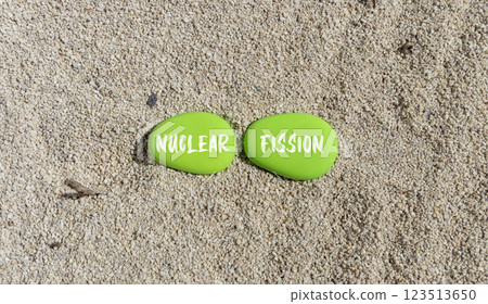 Nuclear fission symbol. Concept words Nuclear fission on beautiful green stone. Beautiful sand beach background. Business science nuclear fission concept. Copy space. 123513650