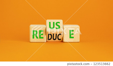 Reuse or reduce symbol. Concept words Reuse Reduce on wooden block. Beautiful orange table orange background. Business reuse or reduce concept. Copy space. 123513662
