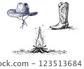 Cowboy campfire with hat and boots, Wild West vintage engraving 123513684