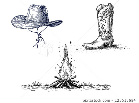 Cowboy campfire with hat and boots, Wild West vintage engraving Cowboy campfire with hat and boots, Wild West vintage engraving 123513684