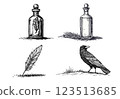 Vintage witchcraft set with potions, feathers, and a raven, engraving 123513685