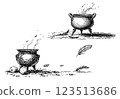 Vintage witchs cauldron with bubbling potion, engraved illustration 123513686