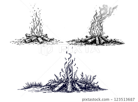 Vintage campfire illustration in Wild West engraving style 123513687
