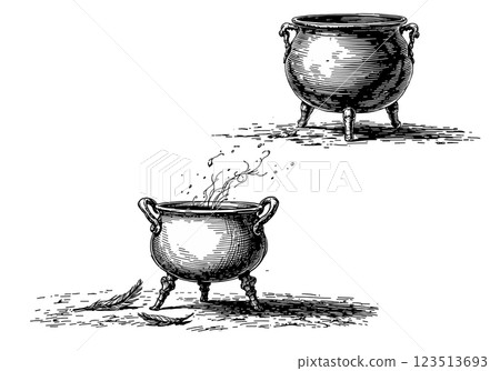 Vintage witchs cauldron with bubbling potion, engraved illustration Vintage witchs cauldron with bubbling potion, engraved illustration 123513693