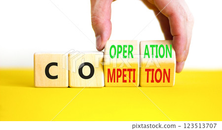 Competition or cooperation symbol. Concept word Competition or Cooperation on wooden cubes. Businessman hand. Beautiful white background. Business Competition or cooperation concept. Copy space. 123513707