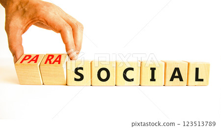 Social or parasocial symbol. Concept words Social or Parasocial on beautiful wooden blocks. Beautiful white table white background. Businessman hand. Business social parasocial concept. Copy space. 123513789