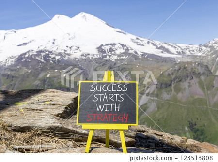 Success starts with strategy symbol. Concept words Success starts with strategy on beautiful blackboard. Beautiful mountain background. Business and success starts with strategy concept. Copy space. 123513808