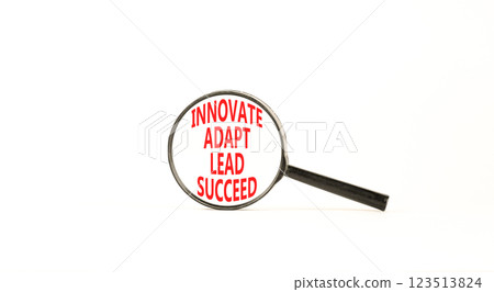 Innovate adapt lead succeed symbol. Concept words Innovate Adapt Lead Succeed on beautiful magnifying glass. Beautiful white background. Business innovate adapt lead succeed concept. Copy space. 123513824
