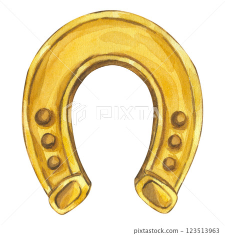 Watercolor golden horseshoe illustration. Good luck talisman. Design for Saint Patrick's Day. Theme of horses and equestrianism. Hand drawn on isolated background. For postcard, invitation, logo. 123513963