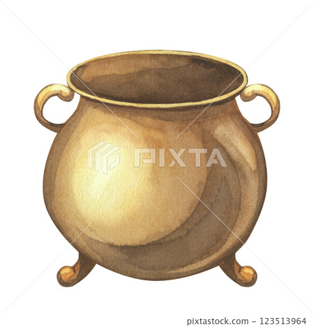 Brown empty gold coin pot watercolor painted. Design element for Saint Patrick's Day. Halloween witch's cauldron. Hand drawn on isolated background. Perfect for postcard, invitation, logo Brown empty gold coin pot watercolor painted. Design element for Saint Patrick's Day. Halloween witch's cauldron. Hand drawn on isolated background. Perfect for postcard, invitation, logo 123513964