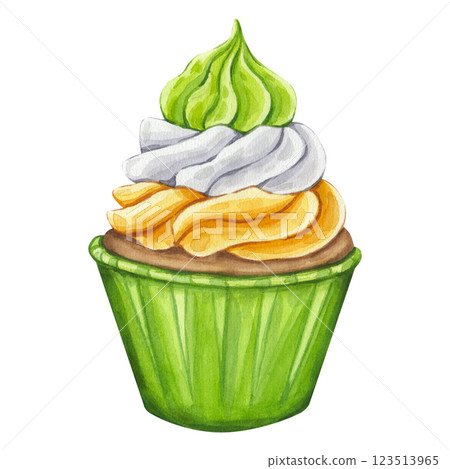 Watercolor cupcake green white orange cream for Saint Patrick's Day party. Hand drawn illustration isolated background. National Colors of Ireland. Happy March 17th. Postcard, invitation, menu, logo. Watercolor cupcake green white orange cream for Saint Patrick's Day party. Hand drawn illustration isolated background. National Colors of Ireland. Happy March 17th. Postcard, invitation, menu, logo. 123513965